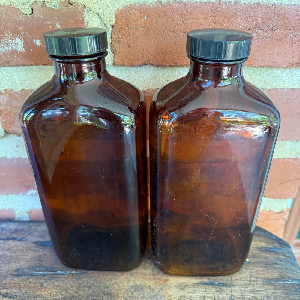 Vintage Brown Glass Bottles with Black Caps